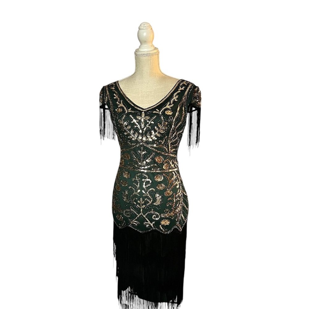Unique Vintage Green and black  with Gold Embellished flapper Dress